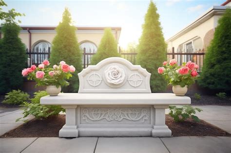 Premium Photo Stone Garden Bench With Rose Bushes