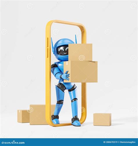 Blue Ai Robot Courier With Boxes Exiting Smartphone Screen Stock