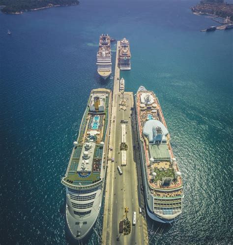 Cruise Ships Docked At The Port Of Corfu Greece Aerial View Stock