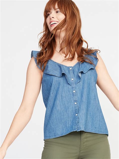 Ruffle Trim Button Front Chambray Blouse For Women Old Navy Blouses