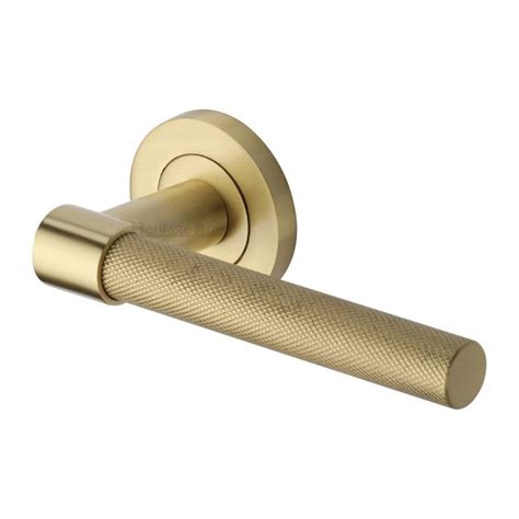 Heritage Brass Door Handle Lever On Rose Phoenix Knurled Design Satin Brass Finish Prestige