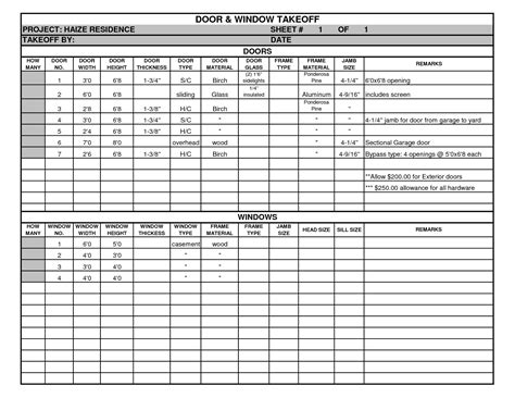 Door and Window Takeoff Sheet