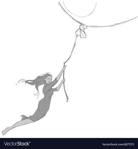 Sketch Of The Girl Flying On A Big Balloon Vector Image