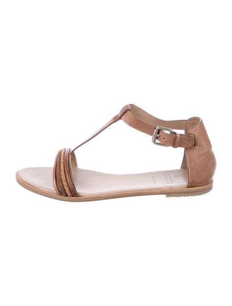 Brown Leather Brunello Cucinelli T Strap Sandals With Monili Embellishments At Tops Stacked