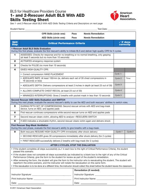 1 And 2 Rescuer Adult Bls With Aed Skills Testing Sheet Bls For