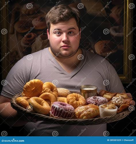 Young Fat Man Holding A Tray Of Junk Food Stock Illustration