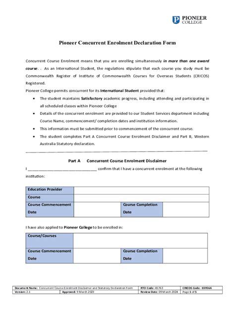 Fillable Online Pioneer Concurrent Enrolment Declaration Form Fax Email