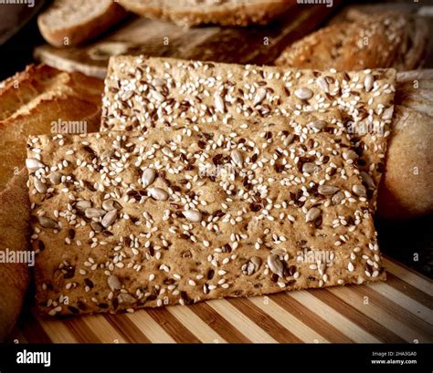 Rye Crispbread With Grains Of Sesame Flax And Sunflower Stock Photo