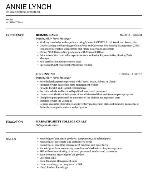 Parts Manager Resume Samples Velvet Jobs