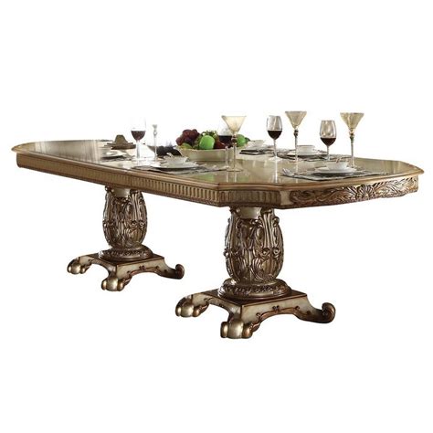 Acme 3 Piece Vendome Dining Table With Double Pedestal Gold Patina And Bone