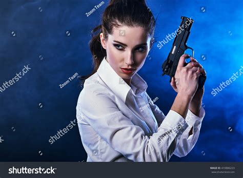 Beautiful Sexy Girl Holding Gun Smoke Stock Photo Edit Now 410886223