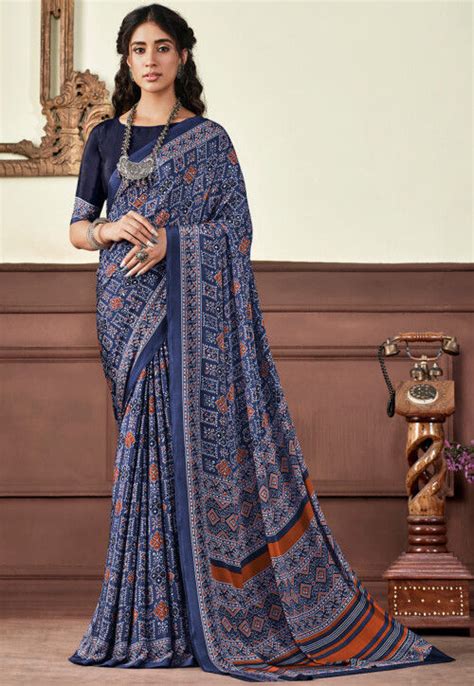 Buy Digital Printed Crepe Saree In Navy Blue Online Ssf Utsav