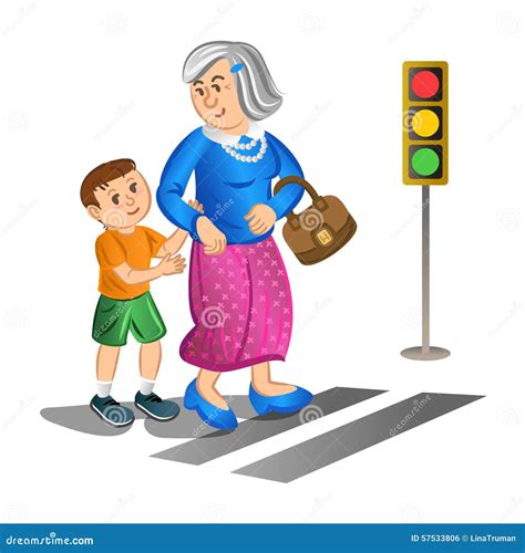 Boy Helping Old Lady Cross The Street Vector Stock Vector