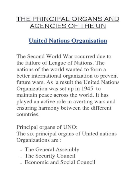 The Principal Organs And Agencies Of The Un United Nations