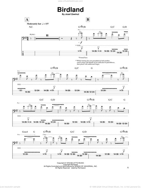 Birdland sheet music for bass (tablature) (bass guitar) (PDF)