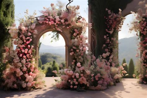 Premium AI Image | Wedding venue design Arches garden greenery flowers Nature background with ...