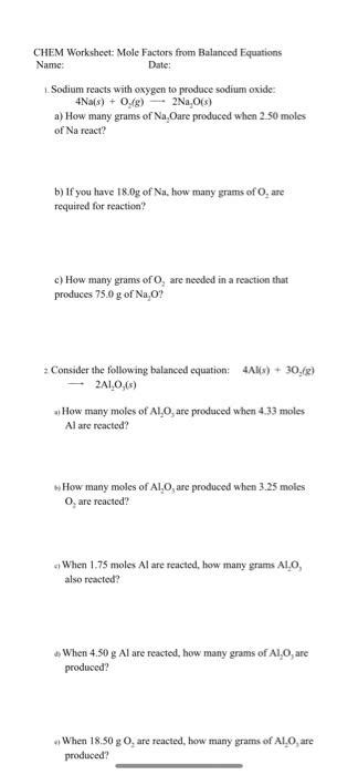 Solved Chem Worksheet Mole Factors From Balanced Equations Chegg