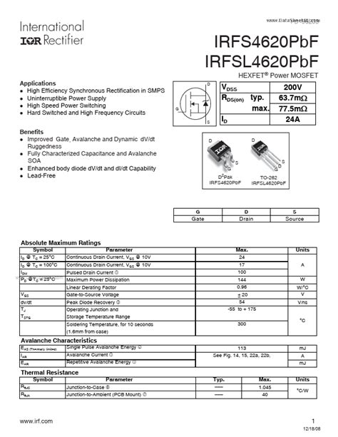 IRFSL4620PBF International Rectifier MOSFET Hoja De Datos Ficha