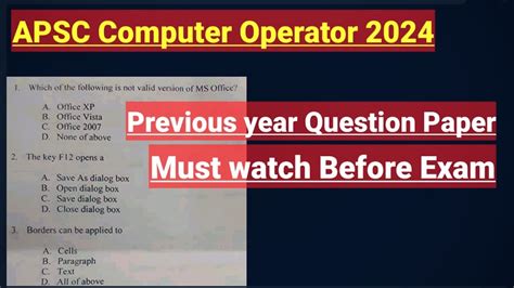 APSC Computer Operator 2024 Previous Year Question Paper Must