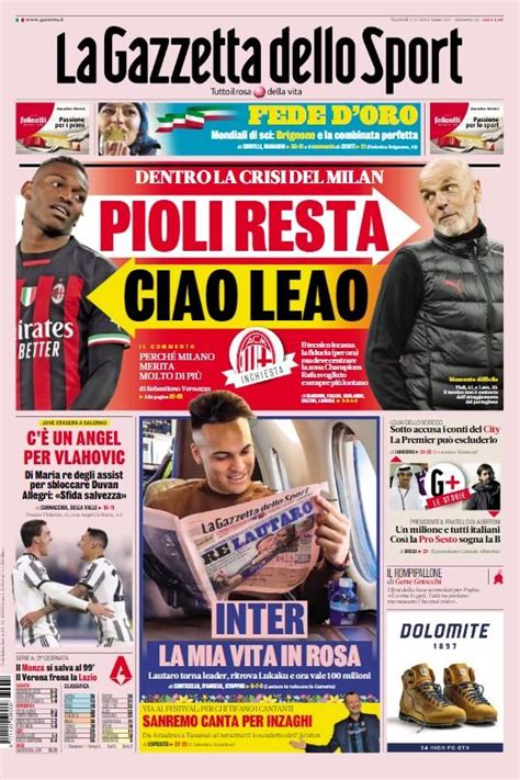 PRIMA PAGINA Gazzetta Milan Pioli Resta Ciao Leao