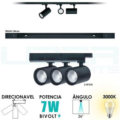 Kit Trilho Eletrificado 1M 3 Spots LED 7W Preto Bq 3000K Bivolt