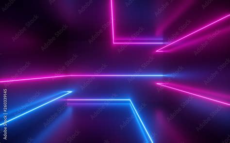 3d render, pink blue neon lines, geometric shapes, virtual space ...