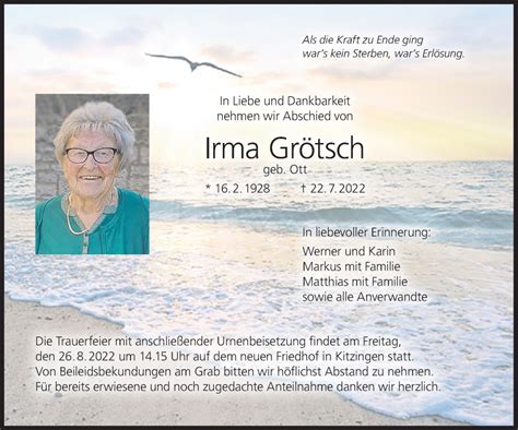 Irma Gr Tsch Traueranzeige Trauer Infranken De