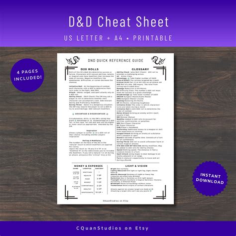 Dnd Cheat Sheet Dm Cheat Sheet Dnd Player Guide 5e Quick Reference Guide Dandd Dungeon Master