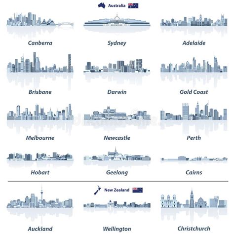 Vector Map And Flags Of Australia And New Zealand With Largest Cities