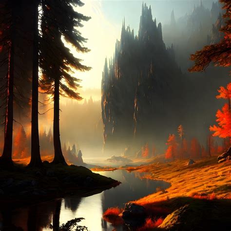 Premium Ai Image A Digital Painting Of A Forest With A Mountain In