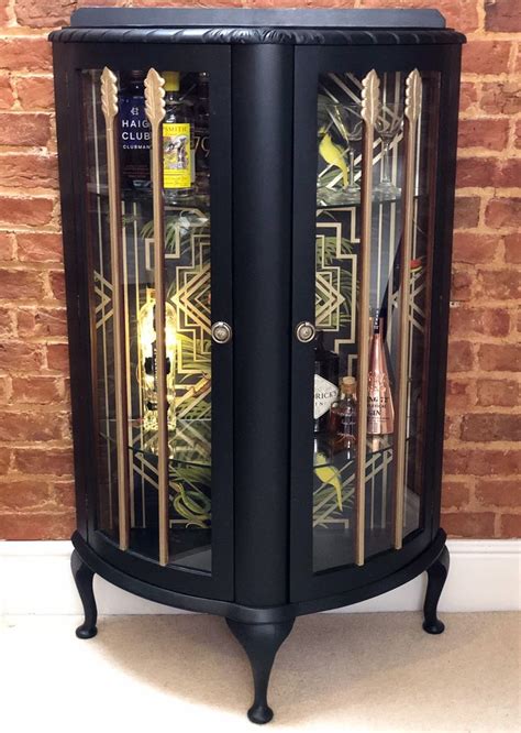 Vintage Glass Fronted Displaydrinksgin Cabinet In Black With Tropical