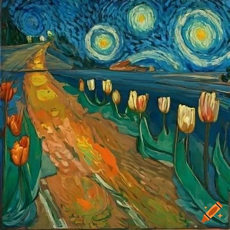 Van Gogh Style Tulips In The Rain