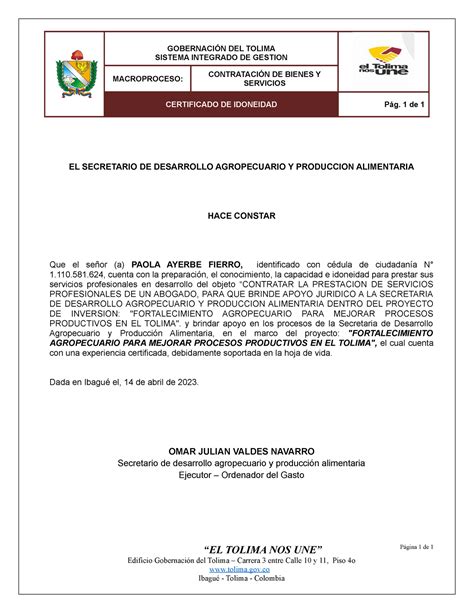 Modelo Certificado De Idoneidad Gobernaci N Del Tolima Sistema