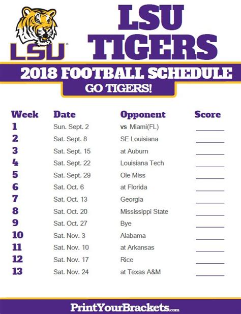 2018 Printable LSU Tigers Football Schedule - FreePrintable.me