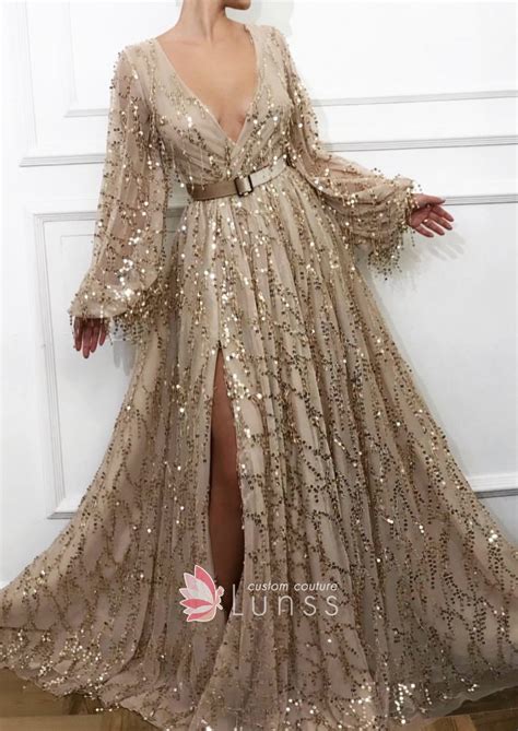 Amazing Gold Tassel Sequin Long Sleeve Formal Dress Lunss