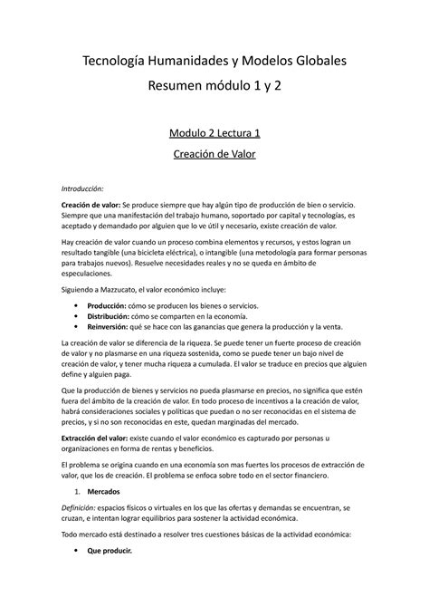 Resumen modulo 2 Tecnología Humanidades y Modelos Globales Resumen