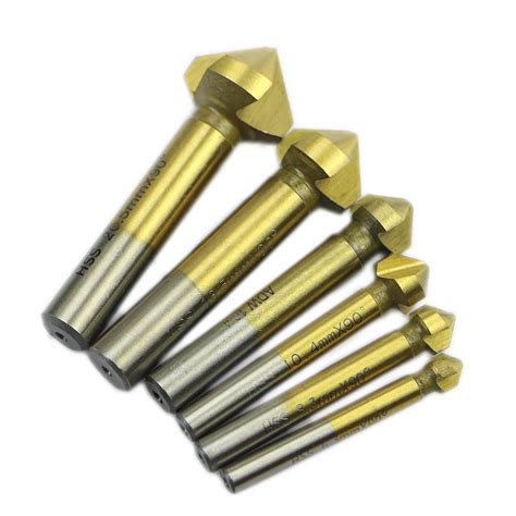 6 Pcs 3 Flute HSS Titanium Chamfer End Mill Cutter Bit Countersink Set