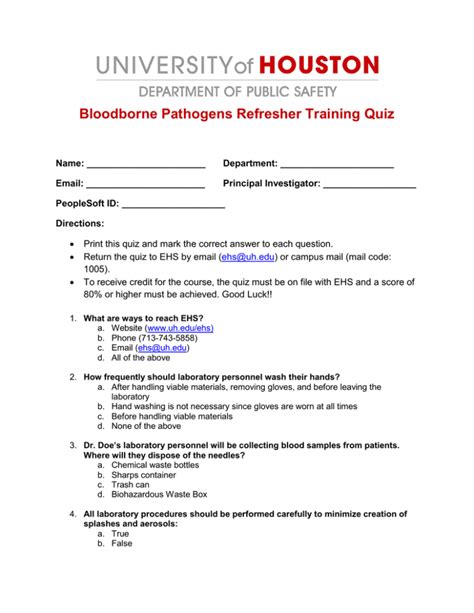 Bloodborne Pathogens Quiz Printable