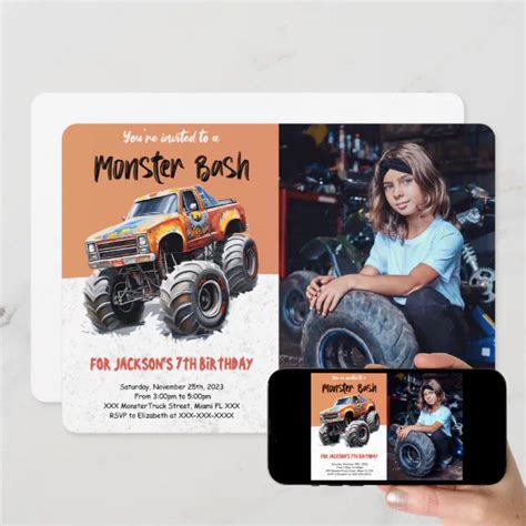 Editable Monster Truck Birthday Photo Invitation Zazzle