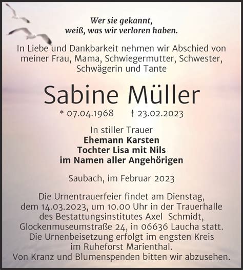 Traueranzeigen von Sabine Müller abschied nehmen de