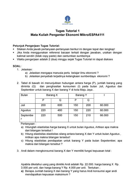 Tugas Tutorial 1 Mikro Tugas Tutorial 1 Mata Kuliah Pengantar Ekonomi