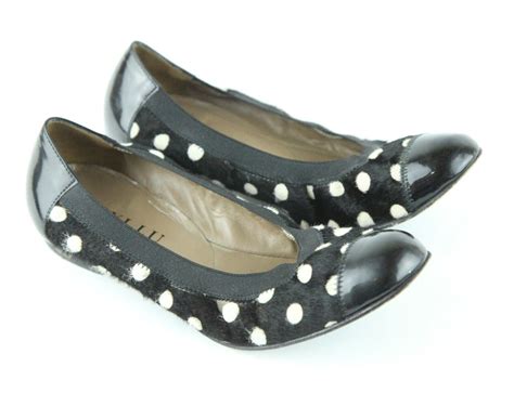 Anyi Lu Black White Polka Dot Calf Hair Cap Toe Patent Leather Ballet