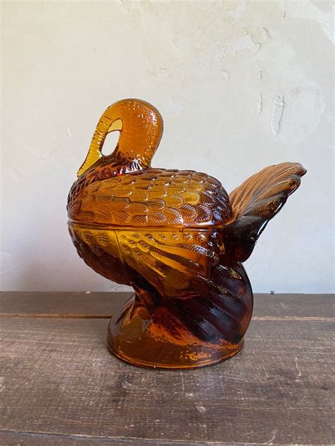 Vintage Amber Glass Turkey Candy Dish By L E Smith Trinket Dish Thanksgiving Holiday Table Holi