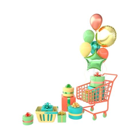 Premium Photo Set Of Glossy Colorful Foil Balloons Shopping Cart And