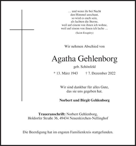 Traueranzeigen Von Agatha Gehlenborg Om Trauer De