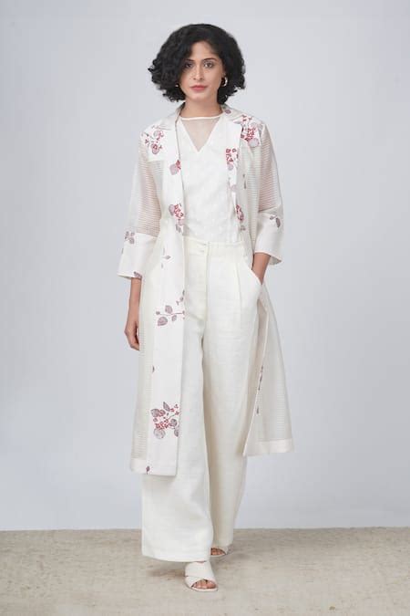 Buy Ivory Organza Printed Sakura Floral Jacket Notched Lapel And Pant