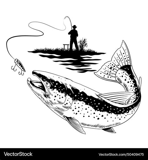 Fisherman Catch The Big Trout Fish In Black Vector Image