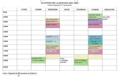 Écuries du Bois Saint Dié Planning des cours en groupe 22 23