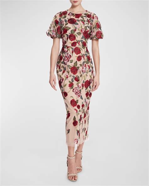 Marchesa Notte Strapless Floral Embroidered Tulle Midi Dress Neiman