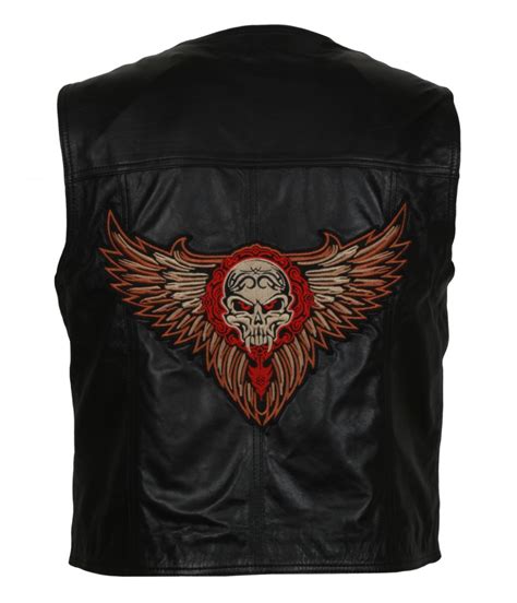 Skull Embroidered Black Motorcycle Leather Vest USA Leather Factory